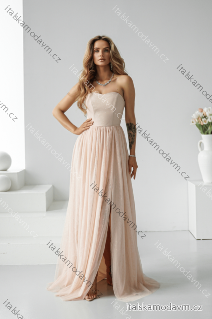 Šaty dlouhé carmen společenské třpytivé dámské (34-42) POLSKÁ MÓDA PMLWD25CECYLIA4 béžová smetanová 40
