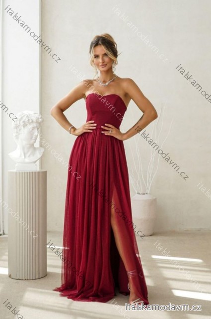 Šaty dlouhé carmen společenské třpytivé dámské (34-42) POLSKÁ MÓDA PMLWD25CECYLIA7 tmavě červená 40