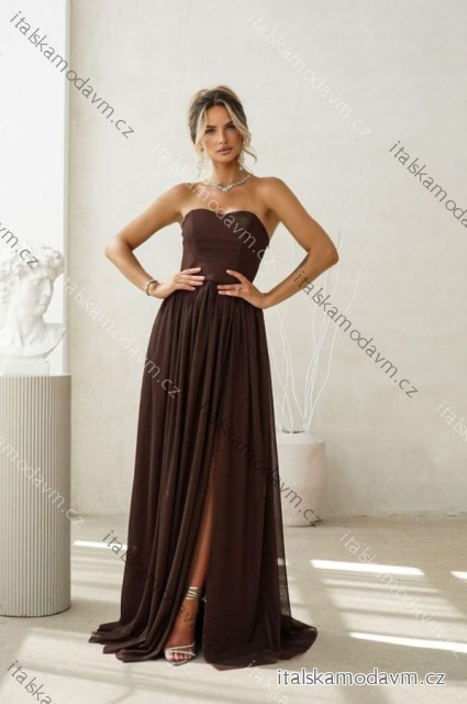 Šaty dlouhé carmen společenské třpytivé dámské (34-42) POLSKÁ MÓDA PMLWD25CECYLIA8 hnědá čokoládová 34