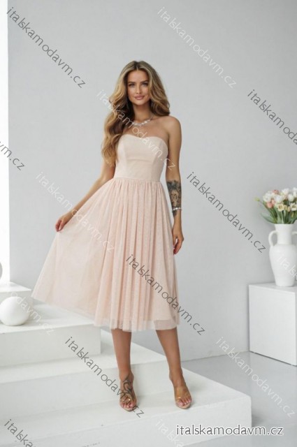 Šaty carmen spoločenské trblietavé dámske (34-42) POLSKÁ MÓDA PMLWD25GAJA3 béžová smotanová 40