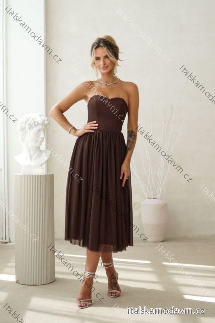 Šaty carmen spoločenské trblietavé dámske (34-42) POLSKÁ MÓDA PMLWD25GAJA8 hnedá čokoládová 34