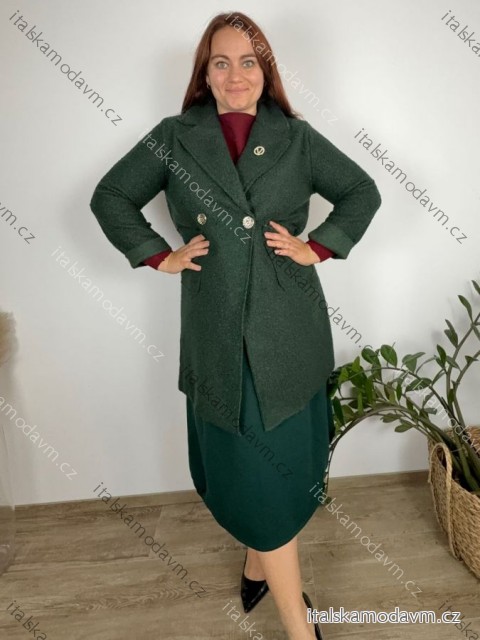 Kabát flaušový beránkový  dlouhý rukáv dámský nadrozměr (44/46/48 ONE SIZE) ITALSKÁ MÓDA IM4251140/DU 44/46/48 tmavě zelená