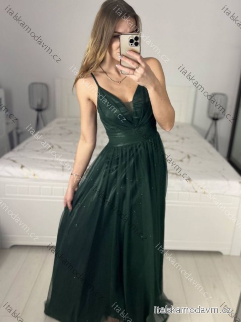 Šaty dlouhé společenské na ramínka dámské (S/M ONE SIZE) ITALSKÁ MÓDA IMC23435/DUR smaragdová S/M/L