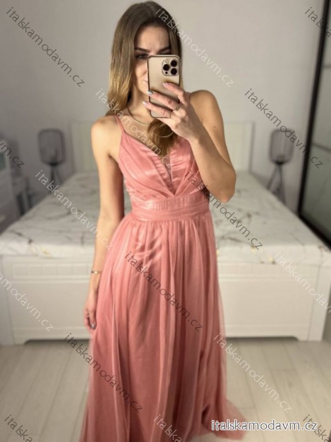 Šaty dlouhé společenské na ramínka dámské (S/M ONE SIZE) ITALSKÁ MÓDA IMC23435/DUR růžová starorůžová S/M/L