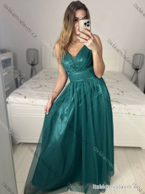 Šaty dlouhé společenské na ramínka dámské (S/M ONE SIZE) ITALSKÁ MÓDA IMC23435/DUR tmavě mintová S/M/L