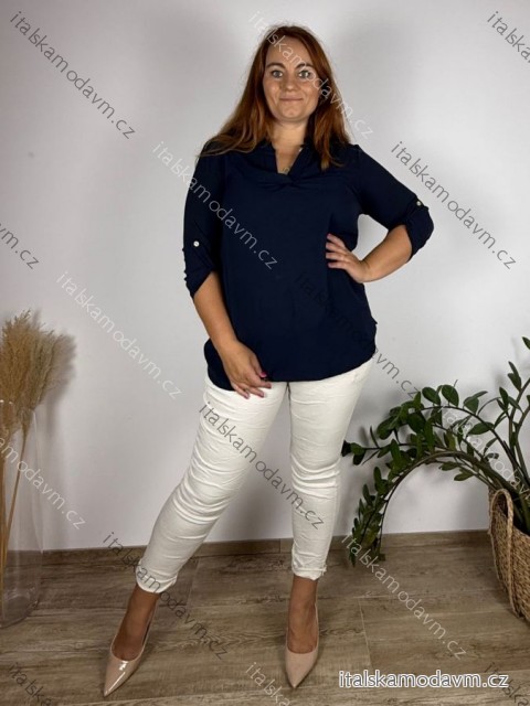 Tunika košilová dlouhý rukáv dámská nadrozměr (XL/2XL ONE SIZE) ITALSKÁ MÓDA IMD221065/DU tm. modrá