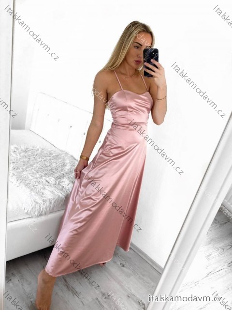Šaty dlouhé společenské saténové na ramínka dámské (XS/S/M ONE SIZE) ITALSKÁ MÓDA IMC25117/DUR růžová starorůžová XS/S/M