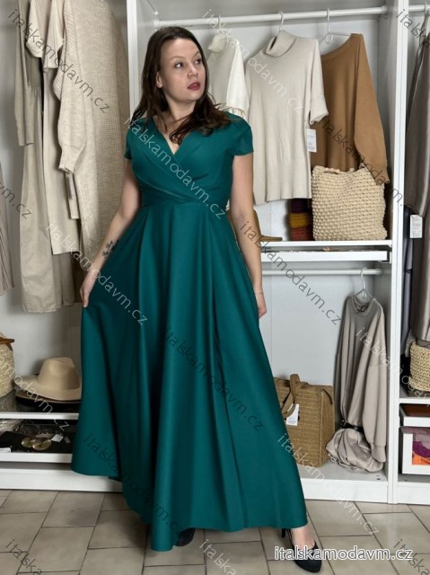 Šaty dlouhé společenské krátký rukáv dámské (36-56) POLSKÁ MÓDA PMLMR23AFRODYTA-8 38 modrá petrolejová
