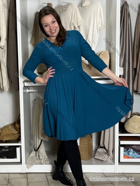 Šaty elegantný dlhý rukáv dámska (S/M ONE SIZE) TALIANSKA MÓDA IMM23M6062/DUR S/M/L petrolejová