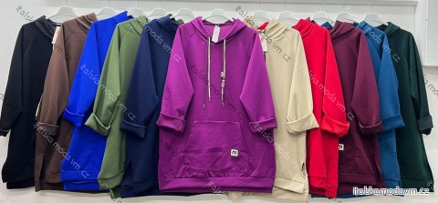 Šaty mikinové s kapucí dlouhý rukáv dámské nadrozměr (54/56/58 ONE SIZE) ITALSKÁ MÓDA IM425705
