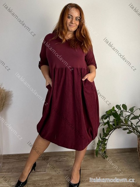 Dámské nadměrné šaty WENDY s manšestrovou sukní a dlouhým rukávem (50/52/54 ONE SIZE) ITALSKÁ MÓDA IM425540/DUR 50/52/54 vínová