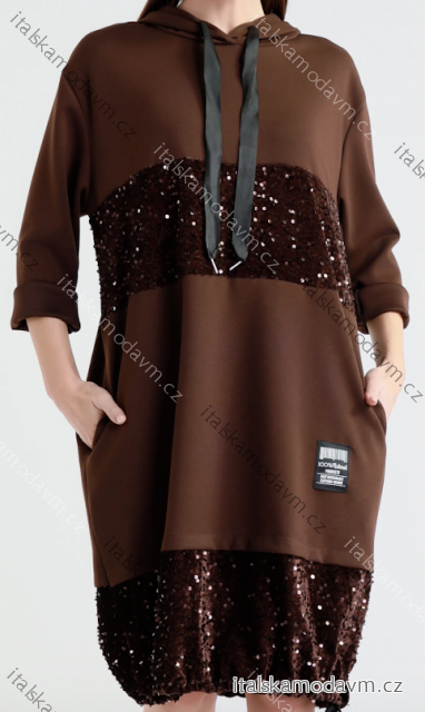 Šaty oversize mikinové s kapucí dlouhý rukáv dámské (S/M/L ONE SIZE) ITALSKÁ MÓDA IMPLI2507385