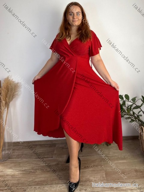 Šaty dlouhé společenské třpytivé krátký rukáv dámské nadrozměr JITA  (44/46/48 ONE SIZE) ITALSKÁ MÓDA IM425653/DUR 44/46/48 červená