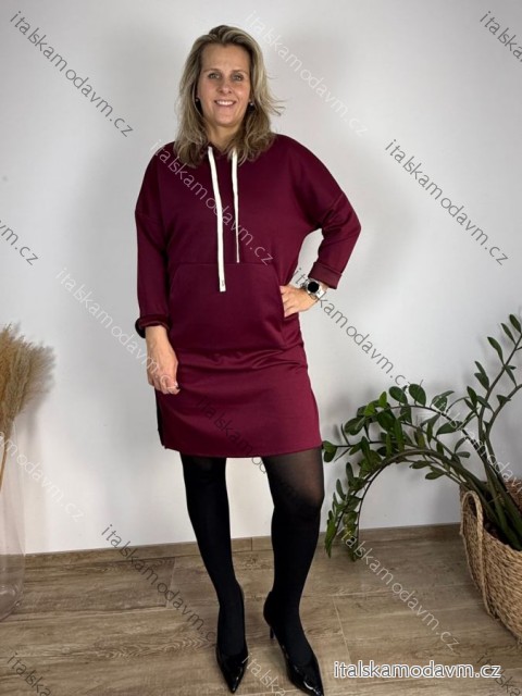 Šaty mikinové s kapucí máslové dlouhý rukáv dámské nadrozměr KIKA (42/44/46 ONE SIZE) ITALSKÁ MÓDA IM425714/DUR