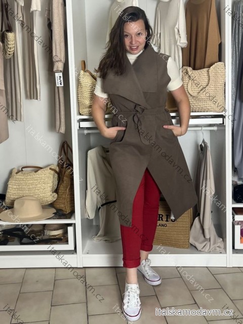 Vesta flauš dlouhá bez rukávů dámská nadrozměr (M/L/XL ONE SIZE) ITALSKÁ MÓDA IMD22900/DUR hnědá M/L/XL