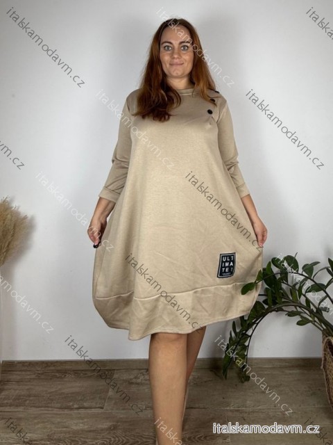 Šaty máslové balónové s kapsami dlouhý rukáv dámské nadrozměr (46/48/50 ONE SIZE) ITALSKÁ MÓDA IM425702