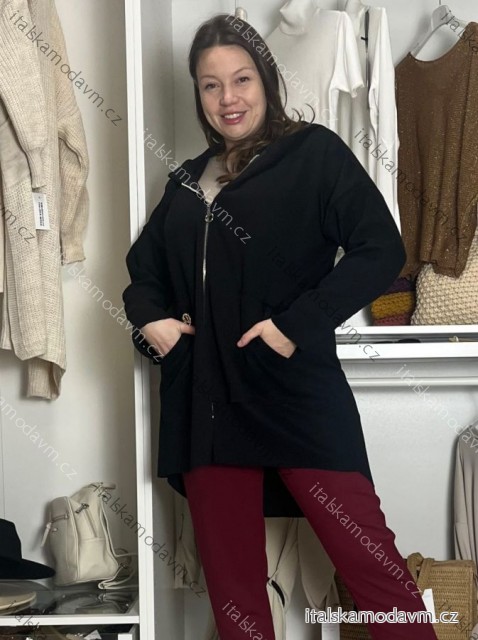 Kabát flaušový na zip s kapucí dlouhý rukáv dámský nadrozměr VIVIEN (46/48/50 ONE SIZE) ITALSKÁ MÓDA IMD24443