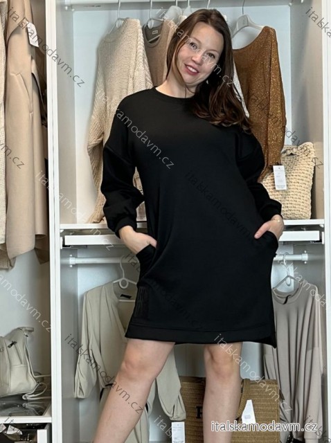 Šaty oversize mikinové máslové dlouhý rukáv dámské ANNA (S/M/L ONE SIZE) ITALSKÁ MÓDA IMD25164/DUR S/M/L Černá