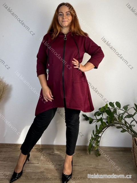 Mikina na zip s kapucí dlouhý rukáv dámská nadrozměr LAJLA (48/50/52 ONE SIZE) ITALSKÁ MÓDA IMPOZ253107/DUR 48/50/52 vínová