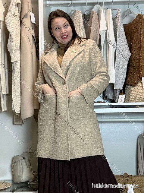Kabát flaušový beránkový  dlouhý rukáv dámský nadrozměr (44/46/48 ONE SIZE) ITALSKÁ MÓDA IM4251121