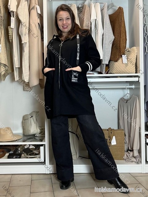 Kabát flaušový s kapucí na zip dlouhý rukáv dámský nadrozměr (46/48/50 ONE SIZE) ITALSKÁ MÓDA IMC24367/DUR