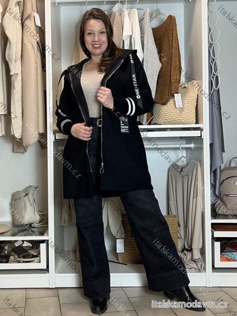 Kabát flaušový s kapucí na zip dlouhý rukáv dámský nadrozměr (46/48/50 ONE SIZE) ITALSKÁ MÓDA IMC24367/DUR 46/48/50 Černá