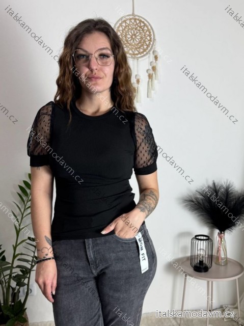 Tričko elegantní krátky rukáv dámské (S/M ONE SIZE) ITALSKÁ MÓDA IMM24M16835/DU -   Černá -   S/M