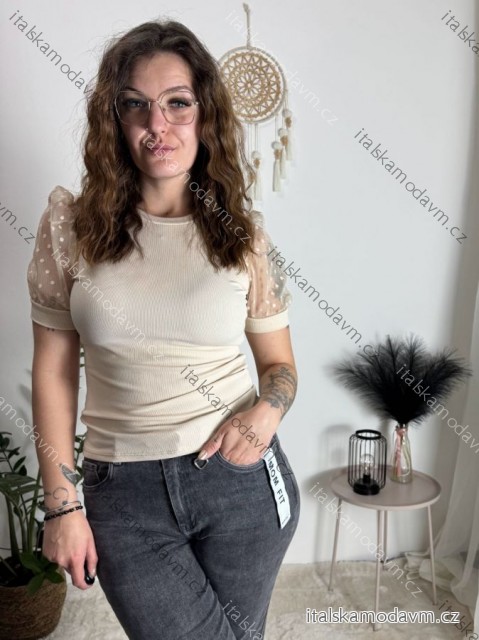 Tričko elegantní krátky rukáv dámské (S/M ONE SIZE) ITALSKÁ MÓDA IMM24M16835/DU Béžová S/M/L