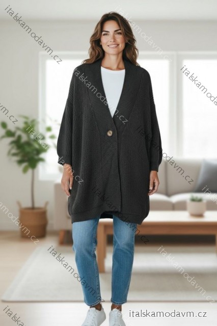 Svetr prodloužený pletený na knoflík dlouhý rukáv dámský nadrozměr (54/56/58 ONE SIZE) ITALSKÁ MÓDA IMD25162