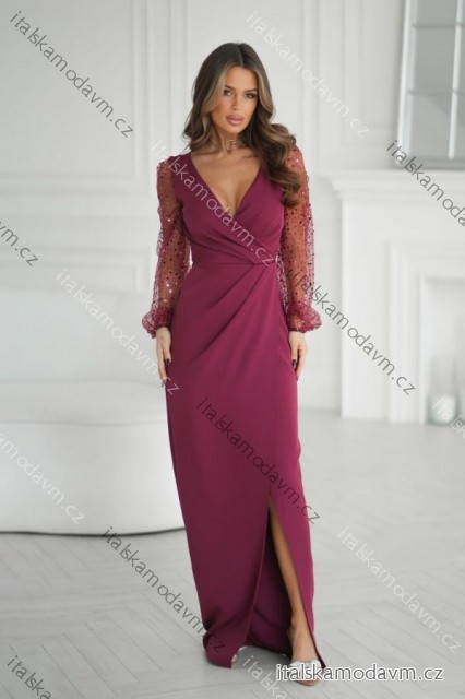 Šaty spoločenské dlhý rukáv dámske (34-48) POLSKÁ MÓDA PMLBC25314-10 vínová 34
