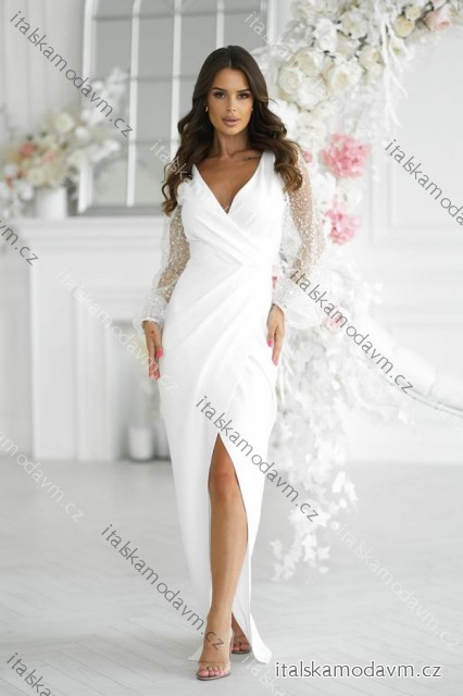 Šaty společenské dlouhý rukáv dámské (34-48) POLSKÁ MÓDA PMLBC25314-04 bílá 34