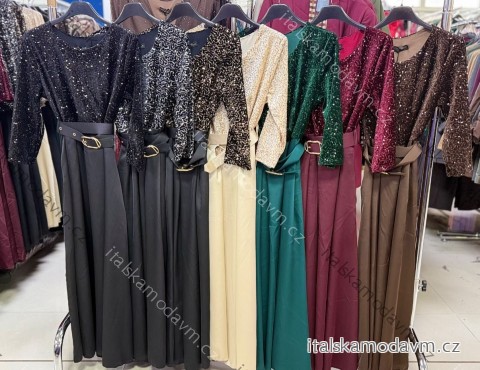 Šaty dlouhé společenské flitrové s páskem dlouhý rukáv dámské (XS/S/M ONE SIZE) ITALSKÁ MÓDA IMM25M13302