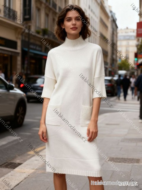 Šaty úpletové krátký rukáv dámské nadrozměr (48/50/52 ONE SIZE) ITALSKÁ MÓDA IM425746