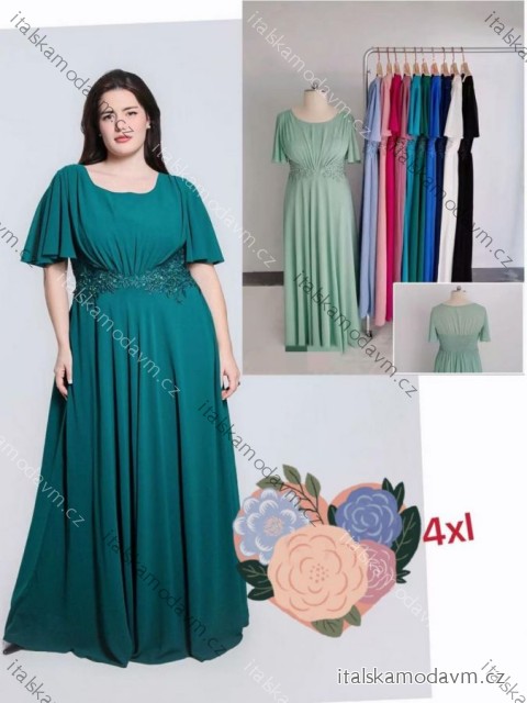 Šaty dlhé spoločenské so žabičkovaním krátky rukáv dámske nadrozmer (48/50/52 ONE SIZE) TALIANSKA MÓDA IMC25522