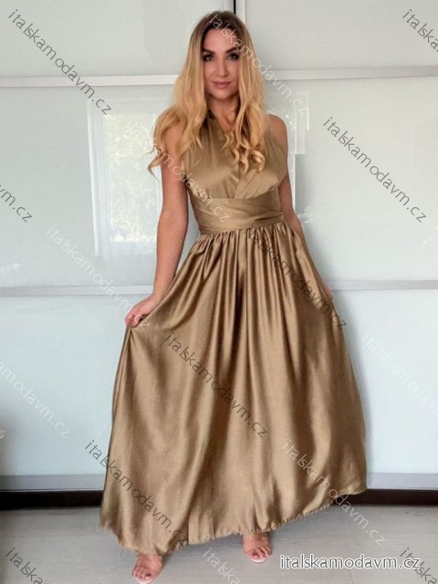 Šaty dlouhé elegantní variabilní vázání bez rukávu dámské satén (S/M/L ONE SIZE) ITALSKÁ MÓDA IMPDY24MDUE991505/DUR zlatá S/M/L