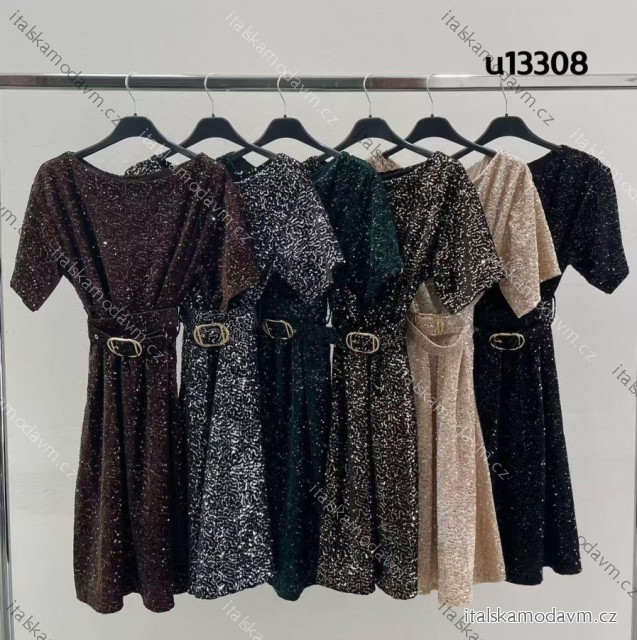 Šaty společenské elegantní třpytivé s páskem krátký rukáv dámské (XS/S/M ONE SIZE) ITALSKÁ MÓDA IMM25M13308