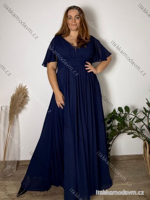 Šaty dlouhé společenské krátký rukáv dámské nadrozměr BELLA (44/46/48 ONE SIZE) ITALSKÁ MÓDA IMC25524/DUR 44/46/48 tmavě modrá