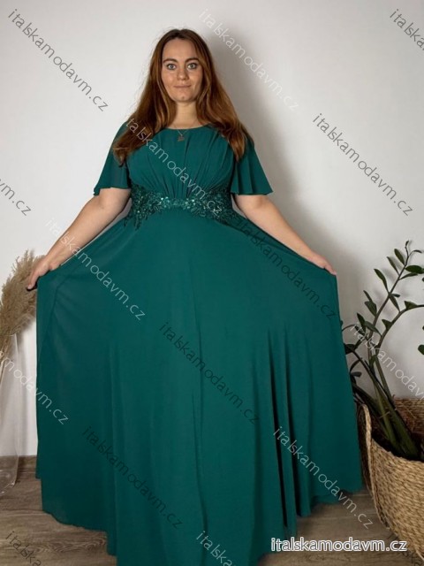 Šaty dlouhé společenské s žabičkováním krátký rukáv dámské nadrozměr RIKI (48/50/52 ONE SIZE) ITALSKÁ MÓDA IMC25522/DUR 48/50/52 zelená smaragdová