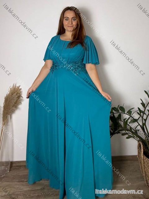 Šaty dlouhé společenské s žabičkováním krátký rukáv dámské nadrozměr RIKI (48/50/52 ONE SIZE) ITALSKÁ MÓDA IMC25522/DUR 48/50/52 světle petrolejová