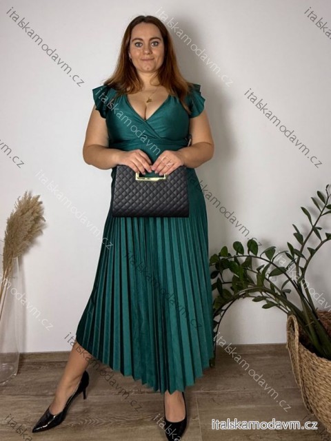 Šaty elegantní skládané krátký rukáv dámské LISA (M/L/XL ONE SIZE) ITALSKá MóDA IM4251144/DUR M/L/XL tmavě smaragdová