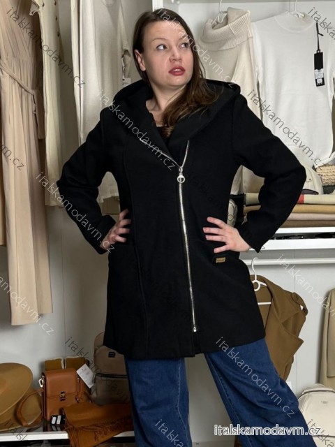 Kabát flaušový na zip s kapucí dámský (M/L/XL ONE SIZE) ITALSKÁ MÓDA IMD24422/DR M/L/XL Černá