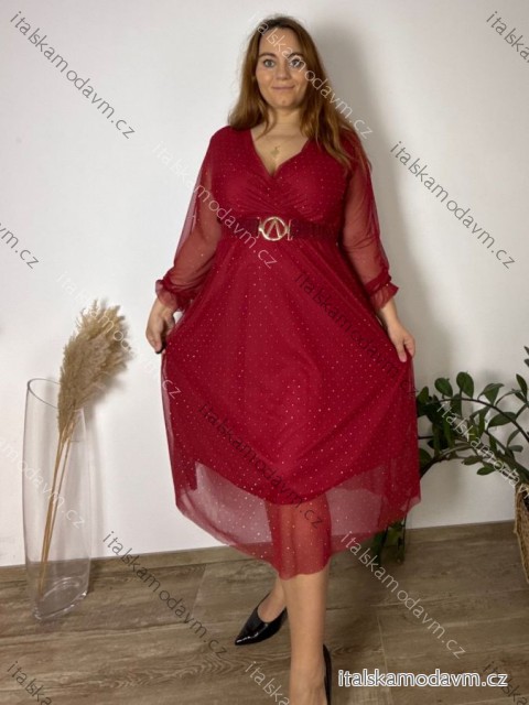 Šaty elegantní s páskem dlouhý rukáv dámský nadrozměr SINDY (48/50/52 ONE SIZE) italská móda  IMWMY251112/DUR 48/50/52 vínová