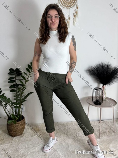 Kalhoty strečové mačkáče zateplené dlouhé dámské PANTALONE (S/M/L ONE SIZE) ITALSKÁ MÓDA IMPOZ25OL-5591/DUR khaki S/M/L
