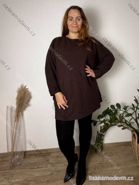 Svetr prodloužený úpletový dlouhý rukáv dámský nadrozměr GINNY  (54/56/58 ONE SIZE) ITALSKÁ MÓDA IM425784/DU 54/56/58 hnědá