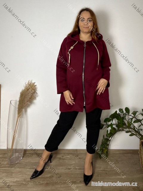 Mikina teplá s kapucí dlouhý rukáv dámská nadrozměr RENATA (54/56/58 ONE SIZE) ITALSKÁ MÓDA IM425696/DR 54/56/58 vínová