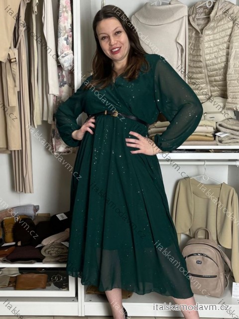 Šaty elegantní s páskem dlouhý rukáv dámský SAFIR (M/L/XL ONE SIZE) italská móda  IMWMY251114/DU