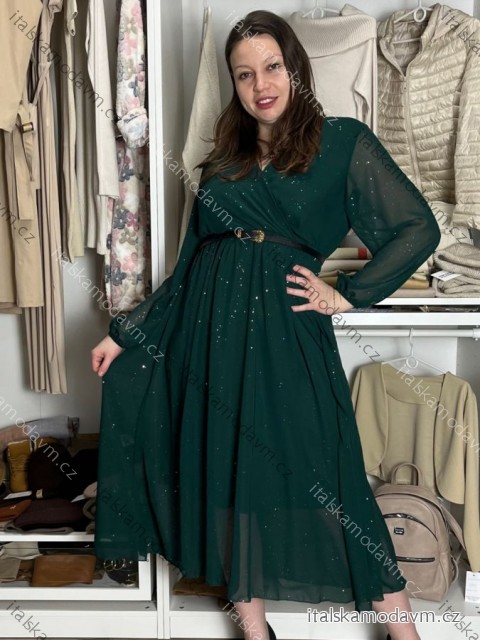 Šaty elegantní s páskem dlouhý rukáv dámský SAFIR (M/L/XL ONE SIZE) italská móda  IMWMY251114/DU M/L/XL zelená smaragdová