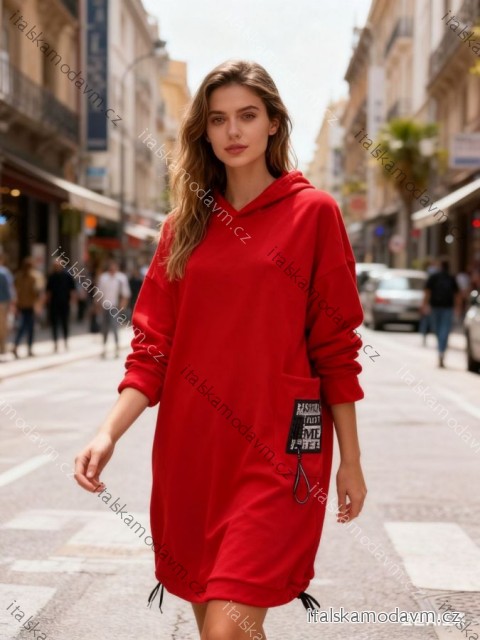 Šaty mikinové s kapucňou a vreckami dlhý rukáv dámske nadrozmer (54/56/58 ONE SIZE) TALIANSKA MÓDA IM425837