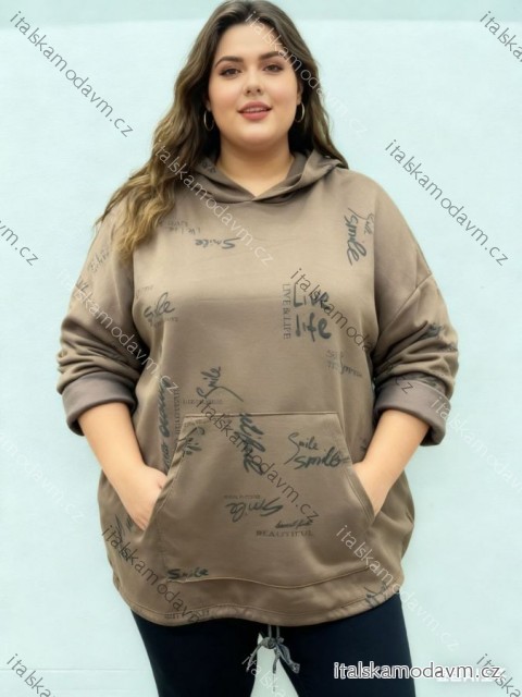 Mikina máslová s kapucí dlouhý rukáv dámská nadrozměr (54/56/58 ONE SIZE) ITALSKÁ MÓDA IM425870
