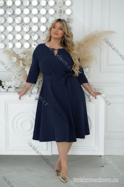 Šaty s páskem elegantný 3/4rukáv dámske nadrozmer (38-48) POLSKÁ MÓDA PMLLD255056-1/DUR 46 tmavo modrá